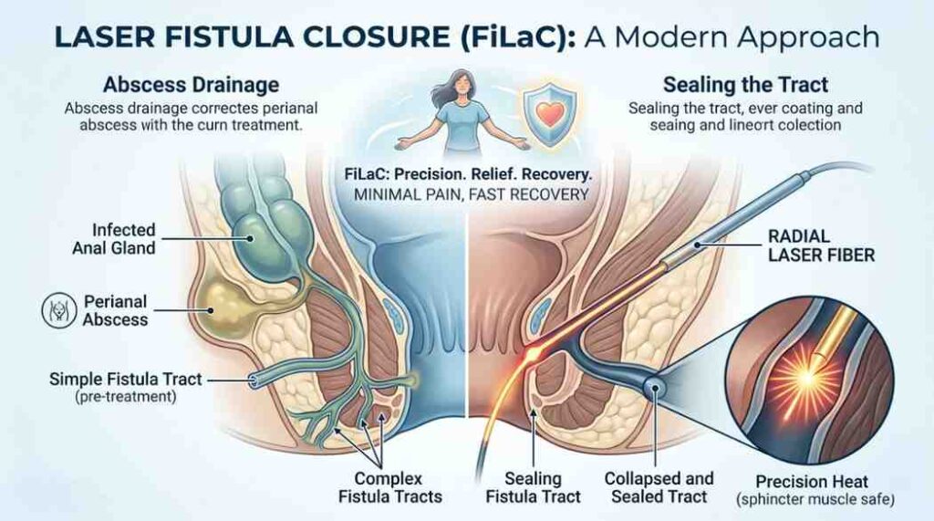 A medical infographic diagram titled 'LASER FISTULA CLOSURE (FiLaC): A Modern Approach,' showing a cross-section of perianal anatomy.