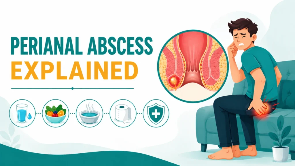 An infographic titled "Perianal Abscess Explained" showing a man in pain sitting on a sofa, a cross-section diagram of an abscess.
