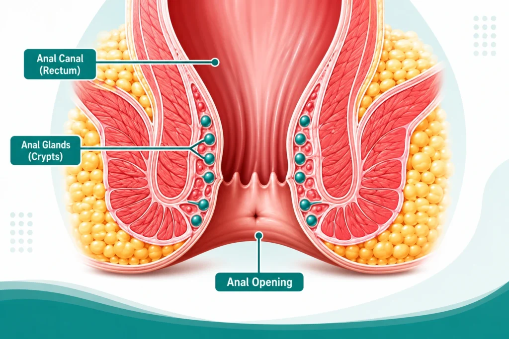 An anatomical cross-section diagram showing the internal structures of the human anal canal, highlighting the rectum, anal glands (crypts), and the anal opening.