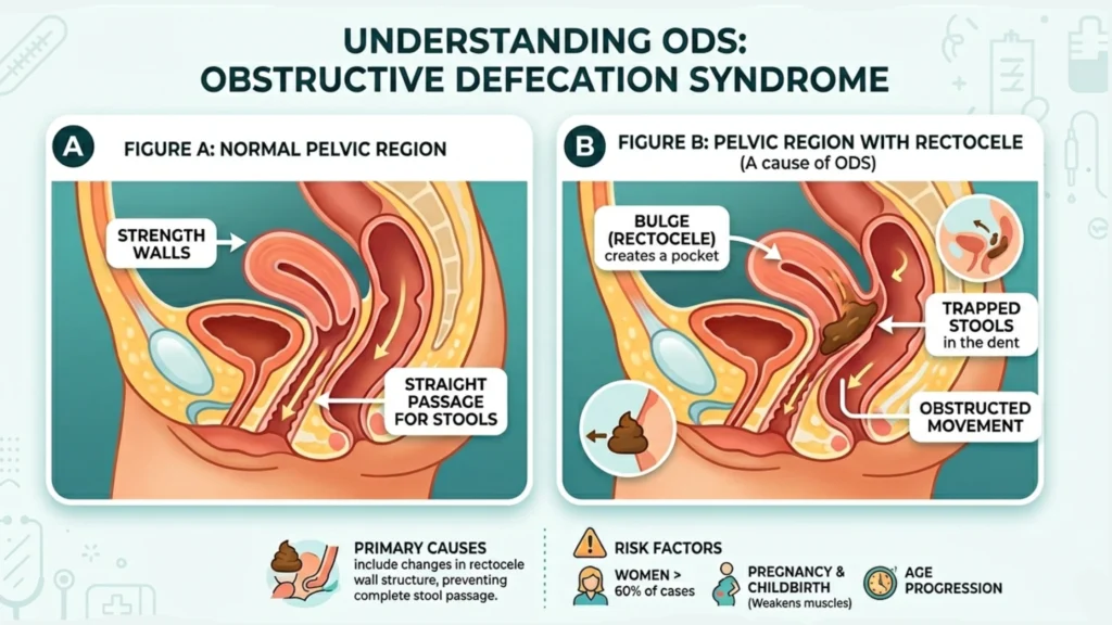 Medical illustration comparing a normal female pelvic region to one with a rectocele causing Obstructive Defecation Syndrome.
