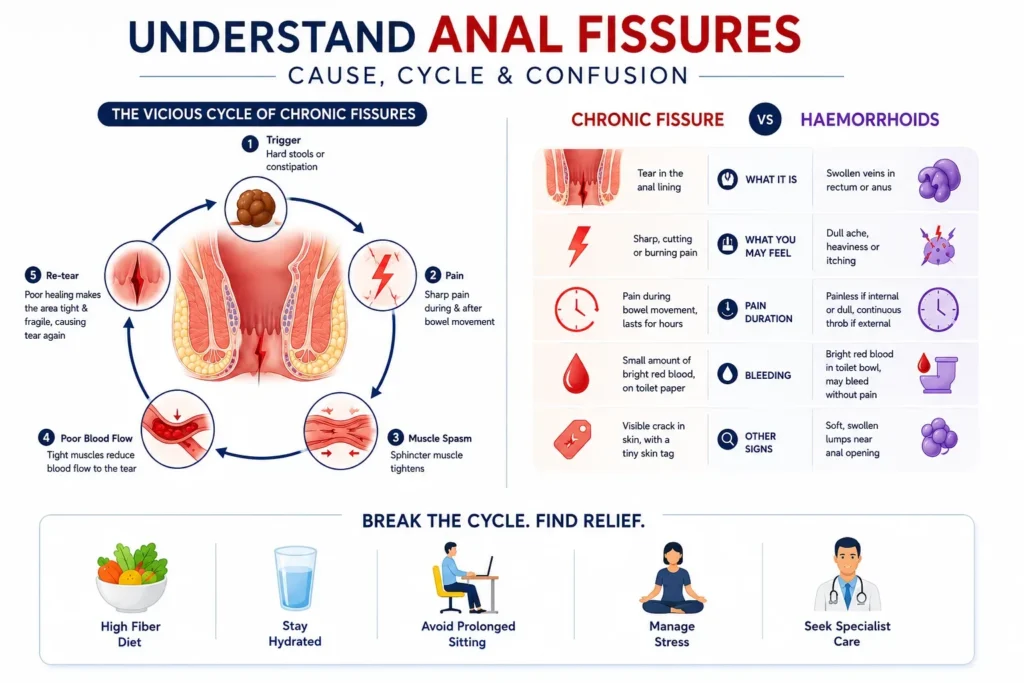 Medical infographic explaining the causes and cycle of chronic anal fissures, comparing fissures vs hemorrhoids, and showing relief tips.