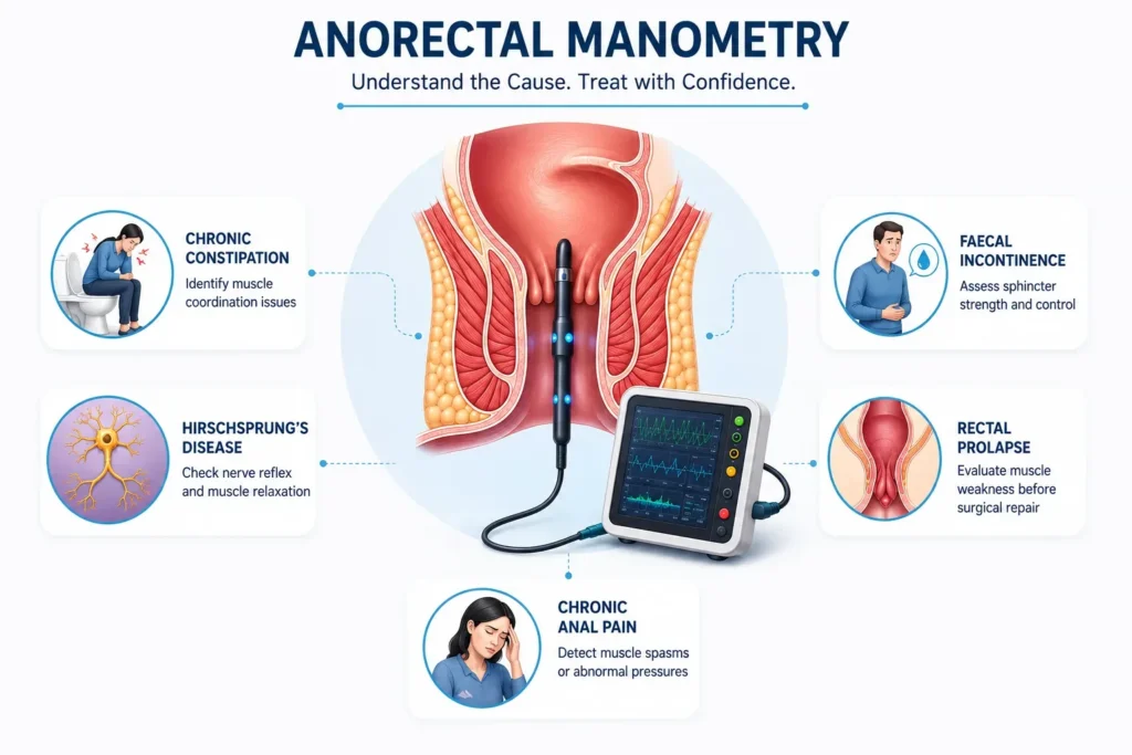 Medical infographic showing an anorectal manometry procedure setup and its primary diagnostic uses.