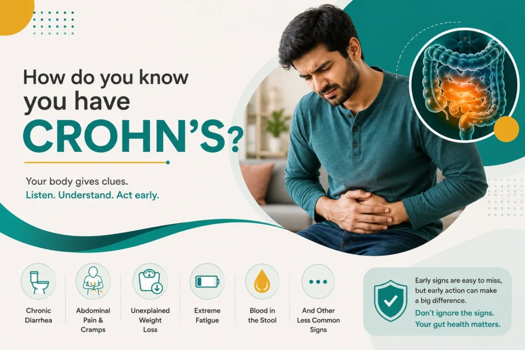 Infographic on Crohn's disease symptoms featuring a man experiencing severe abdominal pain next to a digestive system diagram