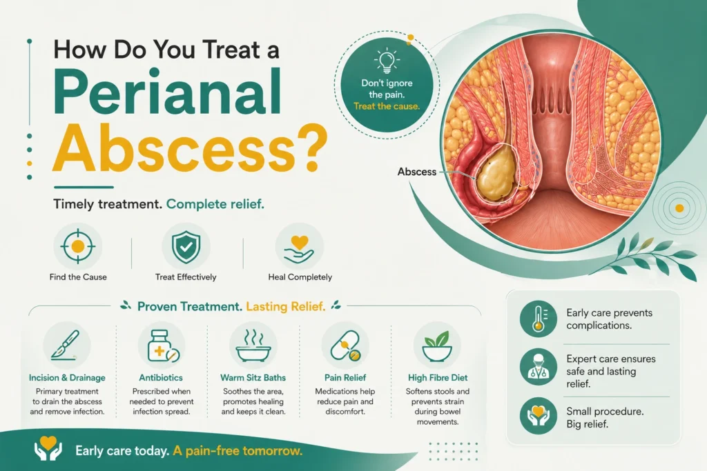 Medical infographic showing treatment options for a perianal abscess