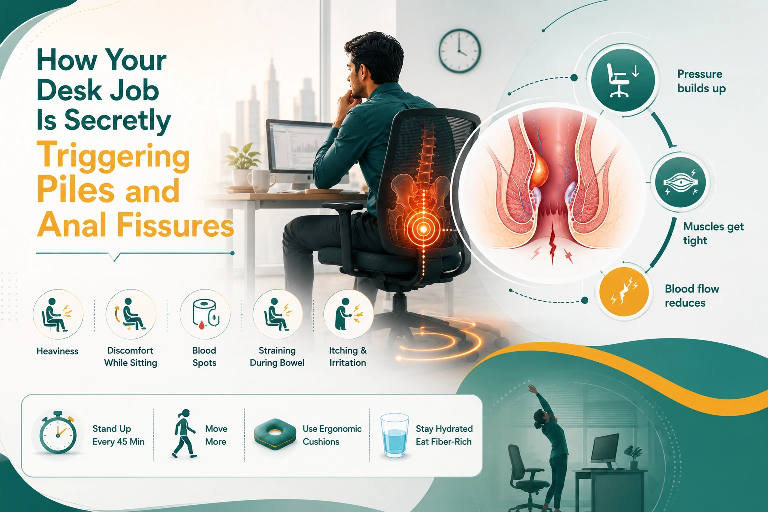 Infographic explaining how prolonged desk sitting causes pelvic pressure, leading to piles and anal fissures.