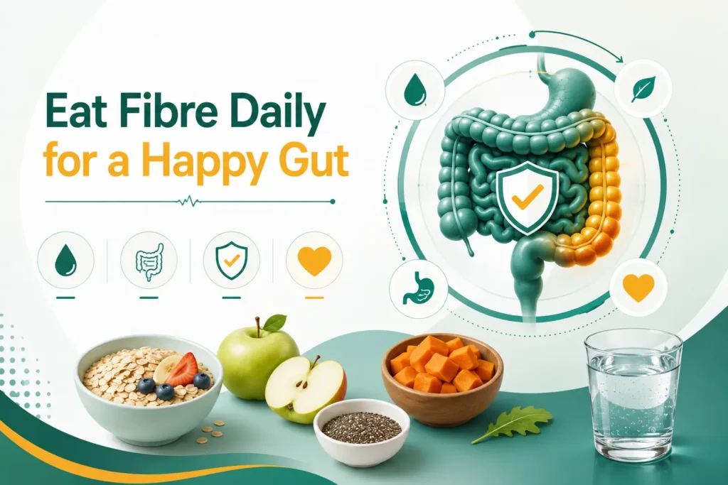 Infographic featuring high-fibre foods and a digestive system diagram with text reading "Eat Fibre Daily for a Happy Gut."