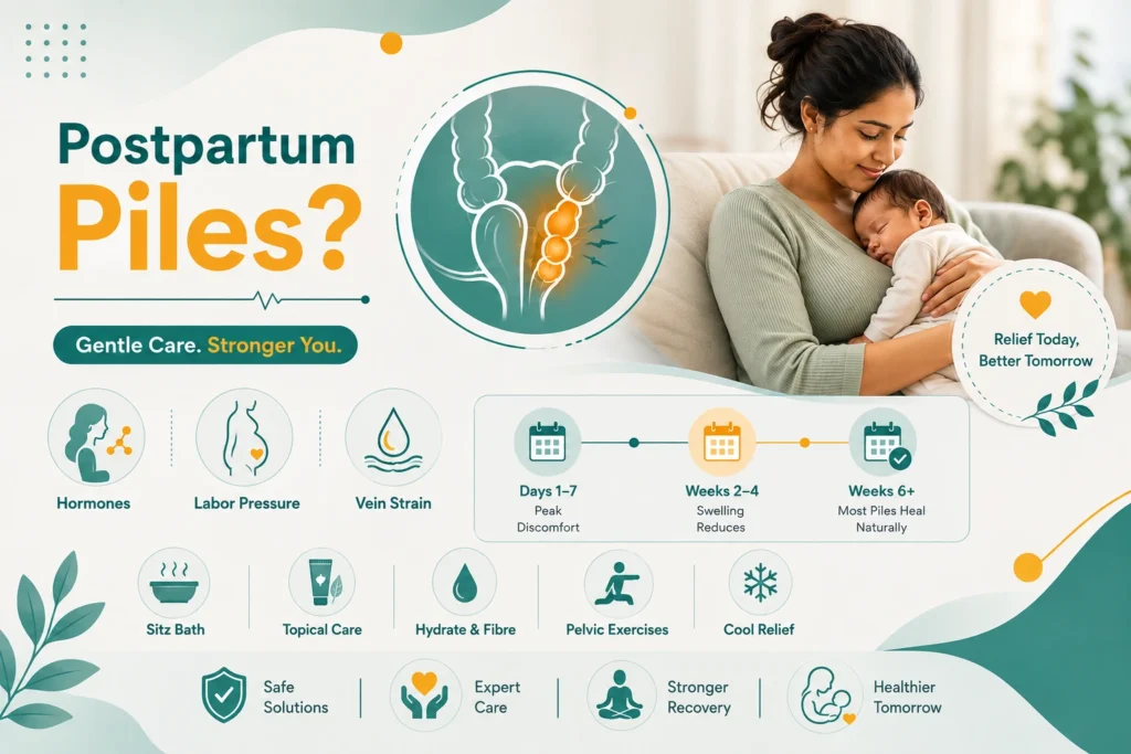 Infographic on postpartum piles featuring a mother holding a baby alongside causes, recovery timeline, and care tips.
