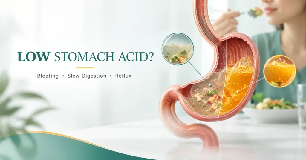 Infographic illustrating stomach acid levels and common digestive symptoms like bloating, slow digestion, and reflux