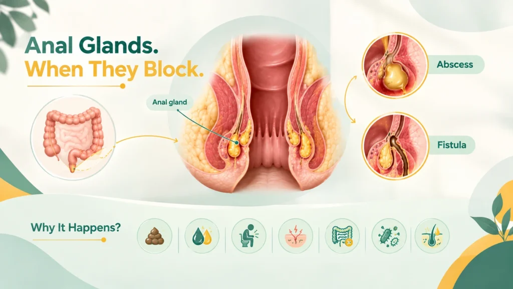 Infographic illustrating blocked anal glands leading to an abscess or a fistula, along with common causes.