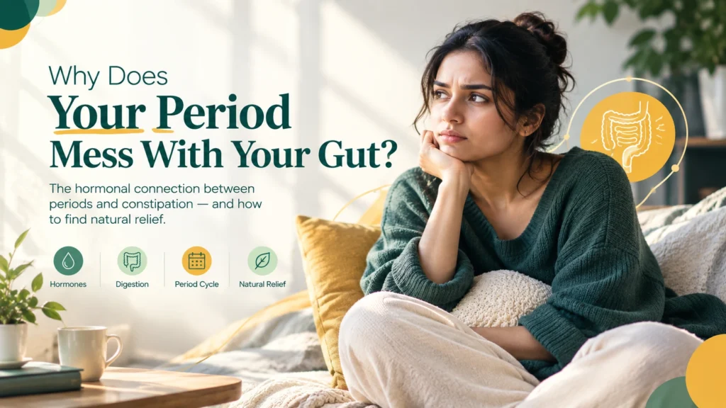 Infographic showing the hormonal connection between menstrual cycles and gut digestion, featuring a woman resting comfortably.