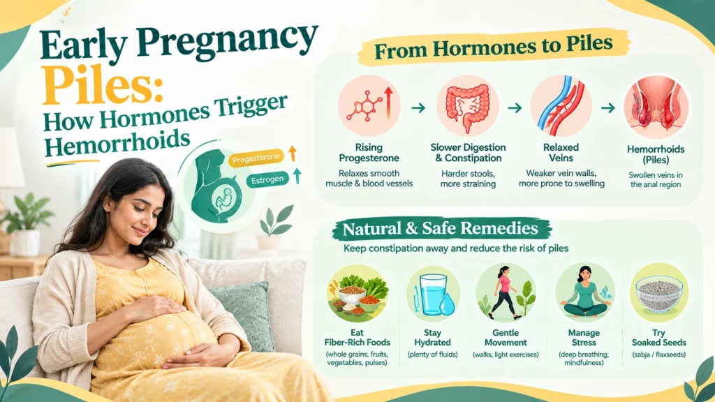 Infographic detailing how hormones trigger early pregnancy piles and listing natural remedies like fiber, hydration, and exercise.
