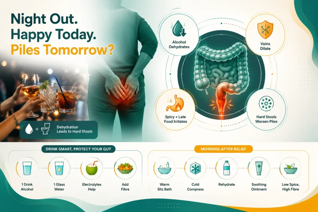 Infographic explaining how alcohol, late-night spicy food, and dehydration trigger hemorrhoids, along with relief tips.